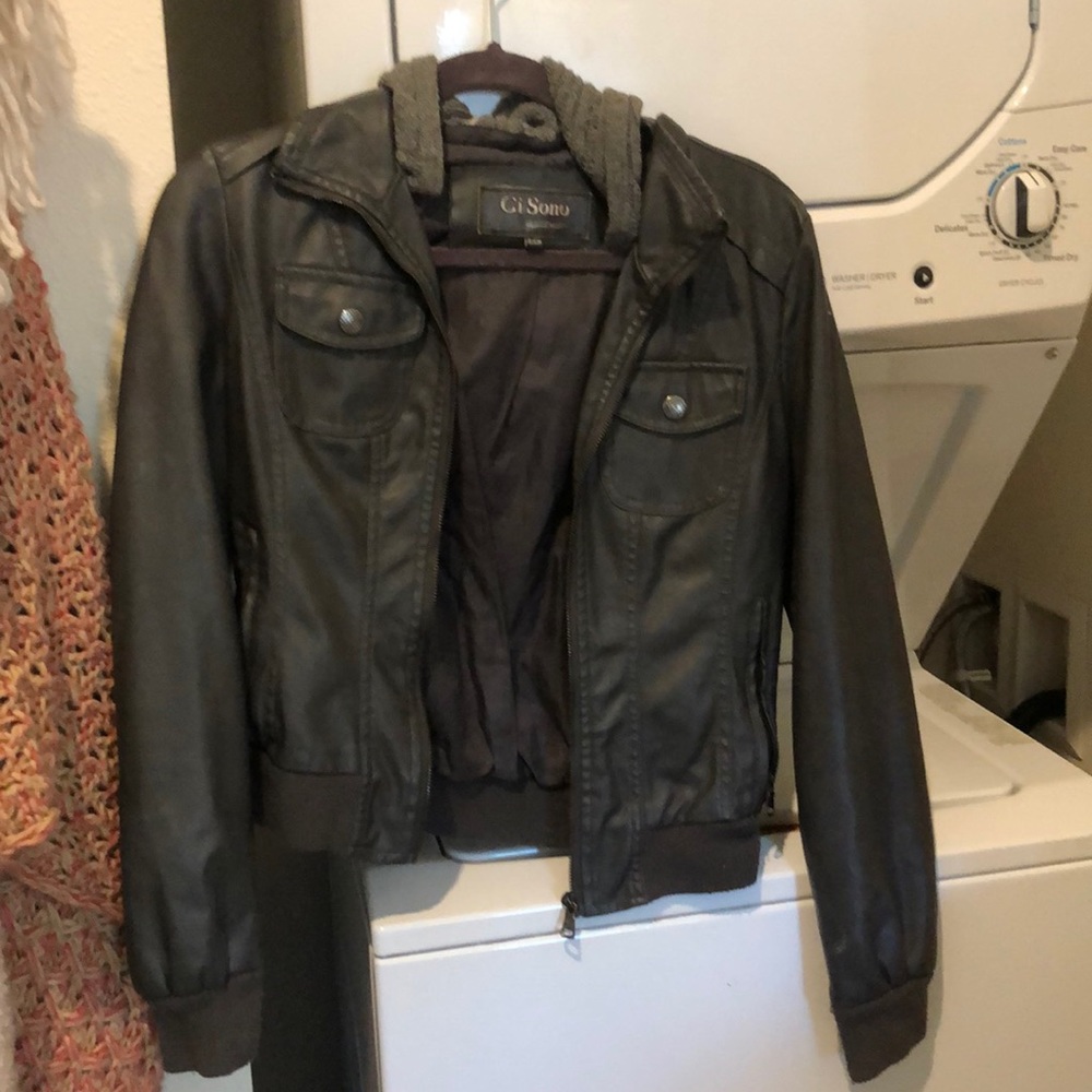 Grey leather jacket with sweater hood